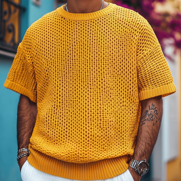 Men's Casual Round Neck Soft Loose Knitted Short Sleeve Sweater T-Shirt