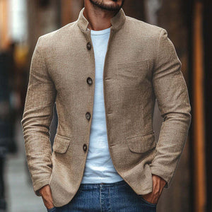 Men's Casual Stand Collar Linen Single Breasted Slim Fit Blazer