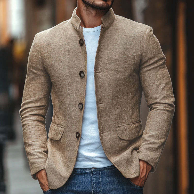 Lässiger, einreihiger Blazer aus Leinen mit Stehkragen für Herren im Slim Fit