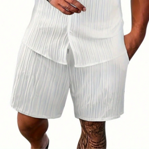 Men's Spring Fashion Casual Slim Fit Short Sleeve Shirt Length To Knee Shorts Set