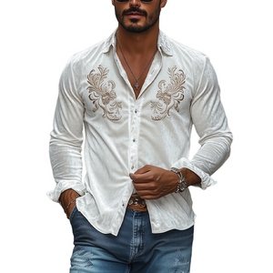 Men's Classic Vintage Velvet Embroidered Long Sleeve Shirt