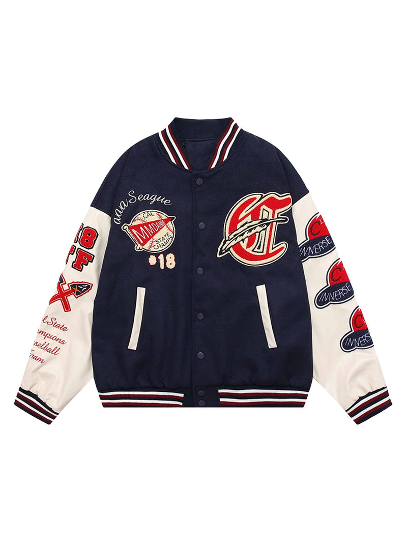 Patchwork PU Leather Embroidered Alphabet Baseball Jacket