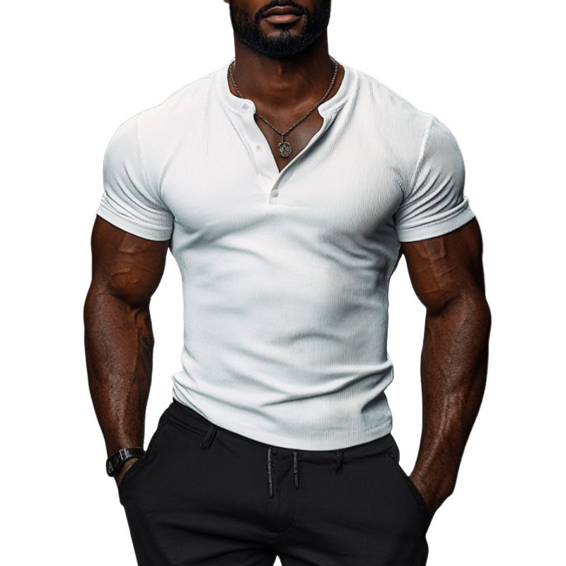 Men's Casual Cotton Elastic Rib Henley Collar Slim Fit Short Sleeve T-Shirt