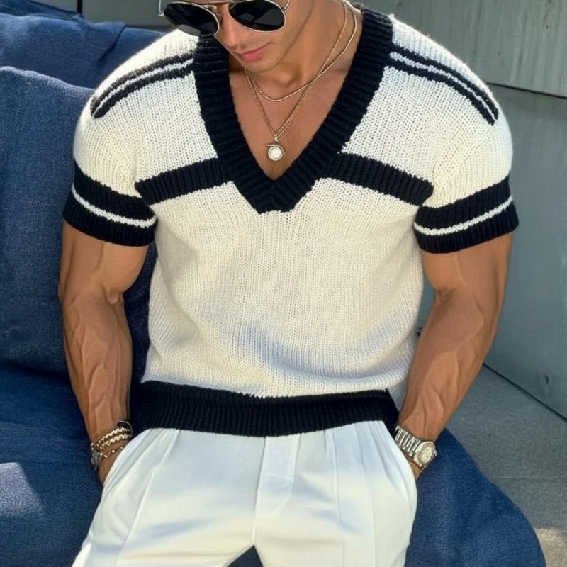 Lässiges Herren-T-Shirt mit V-Ausschnitt, gestreiftem Jacquard-Strick und schmaler Passform, kurzärmelig