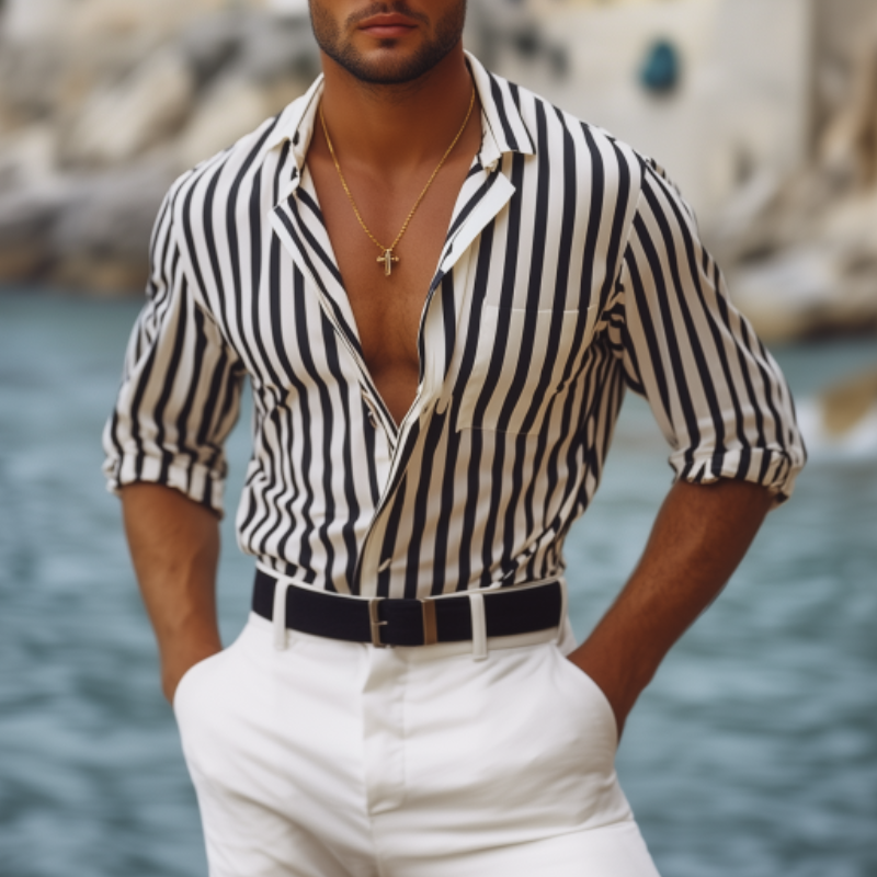 Herren Frühlings- und Sommermode Vertikal gestreiftes Langarmhemd