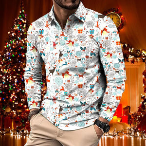 Men's Retro Casual Christmas Floral Print Long Sleeve Polo Shirt