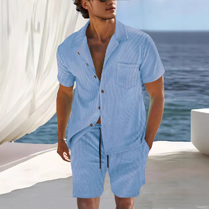 Men's Solid Color Short Sleeve Shorts Holiday Two-piece Set