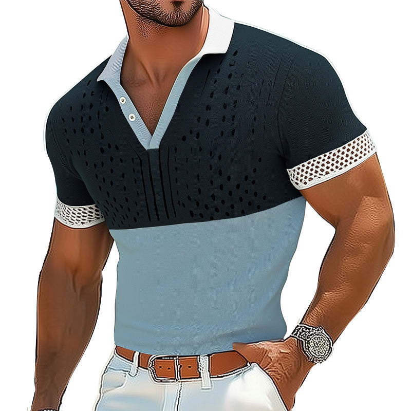 Men's Summer Fashion V-neck Colorblock Knitted T-shirt