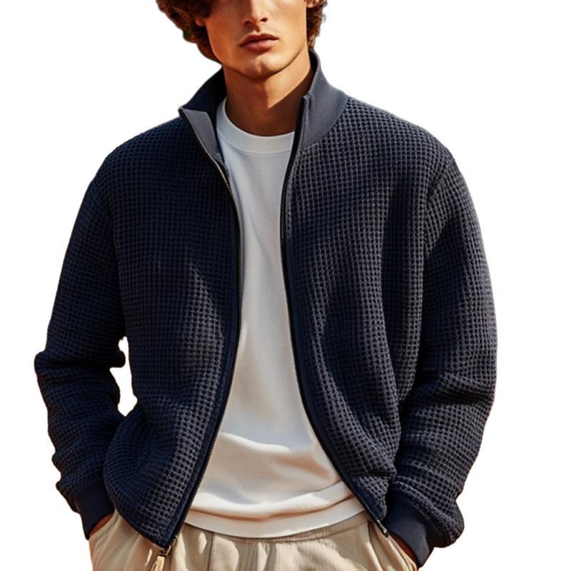 Herren-Cardigan mit Waffelmuster, Stehkragen und Reißverschluss