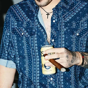 Men's Casual Dark Blue Retro Print Lapel Long Sleeve Shirt