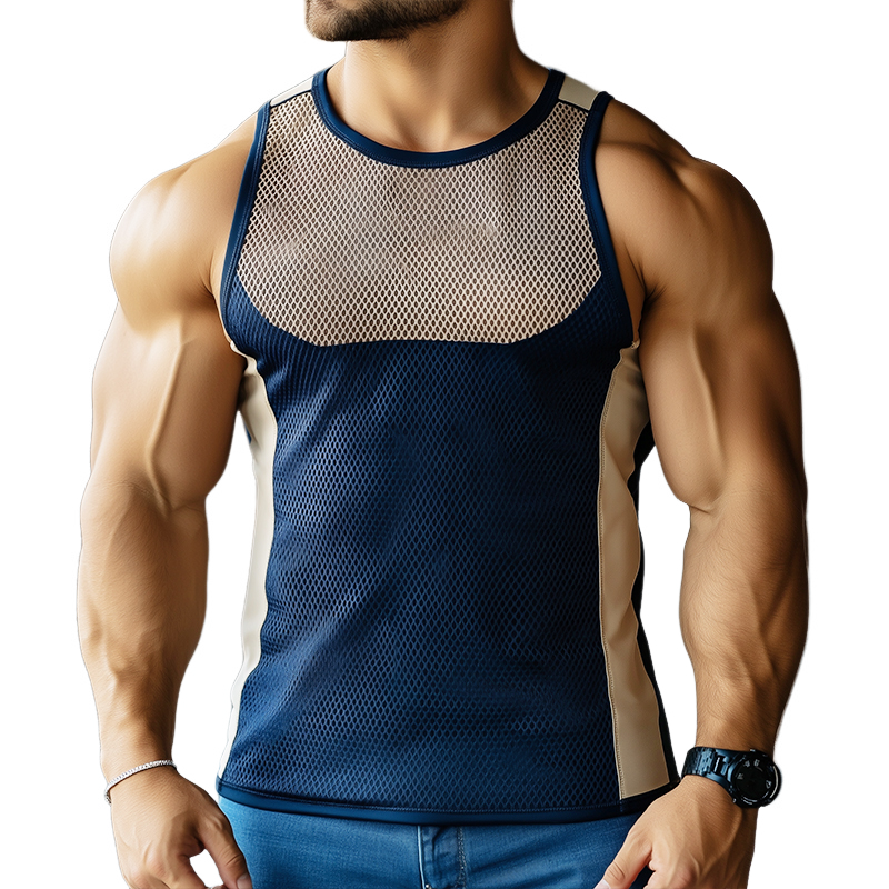 Men's Sportswear Solid Color Mesh Colorblock Round Neck Tank Top