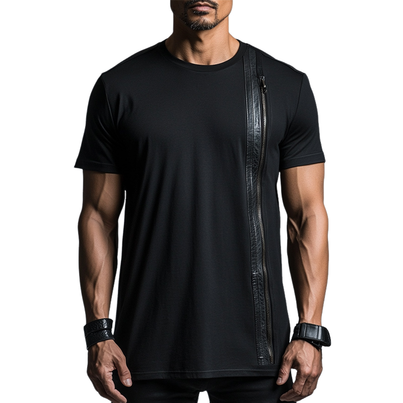Lässiges Herren-T-Shirt aus Baumwolle und Leder mit Reißverschluss und kurzen Ärmeln