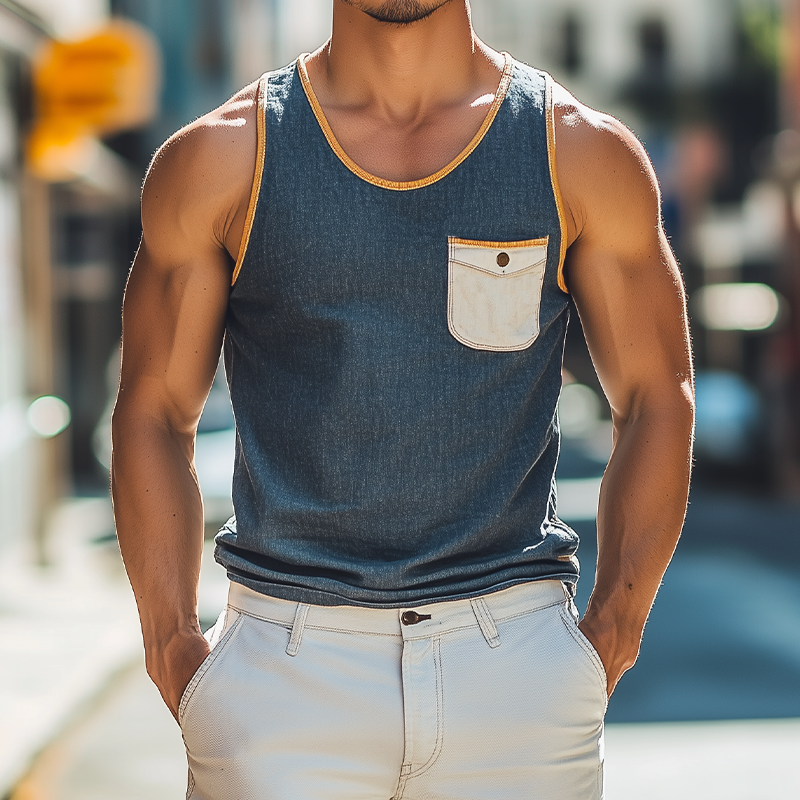 Herrenmode Lässiges Tencel Denim Slim Tank Top mit Rundhalsausschnitt