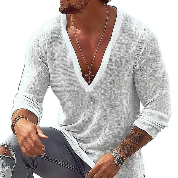 Men's Casual Cotton Linen V-neck Loose Long Sleeve T-shirt