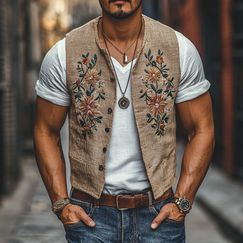Herren Casual Leinen Blumenstickerei Einreihig Slim Fit Anzugweste