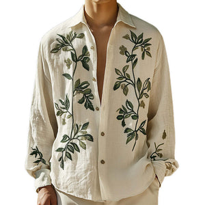 Men's Spring Fashion Leaf Embroidery Casual Sports Long Sleeve Shirt