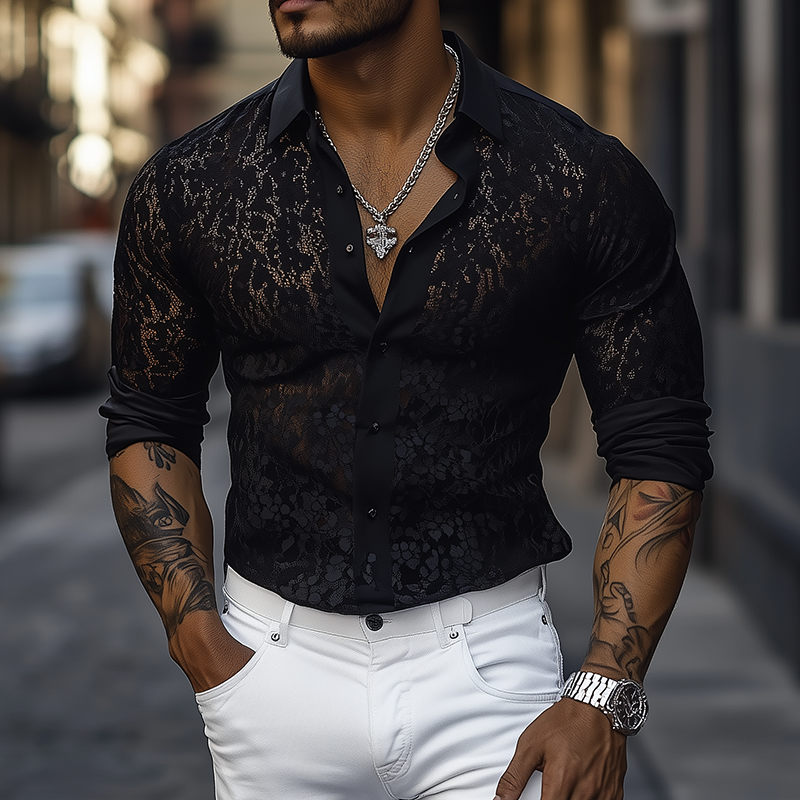 Herren Frühling und Sommer Mode Sexy Spitze Slim Langarmhemd