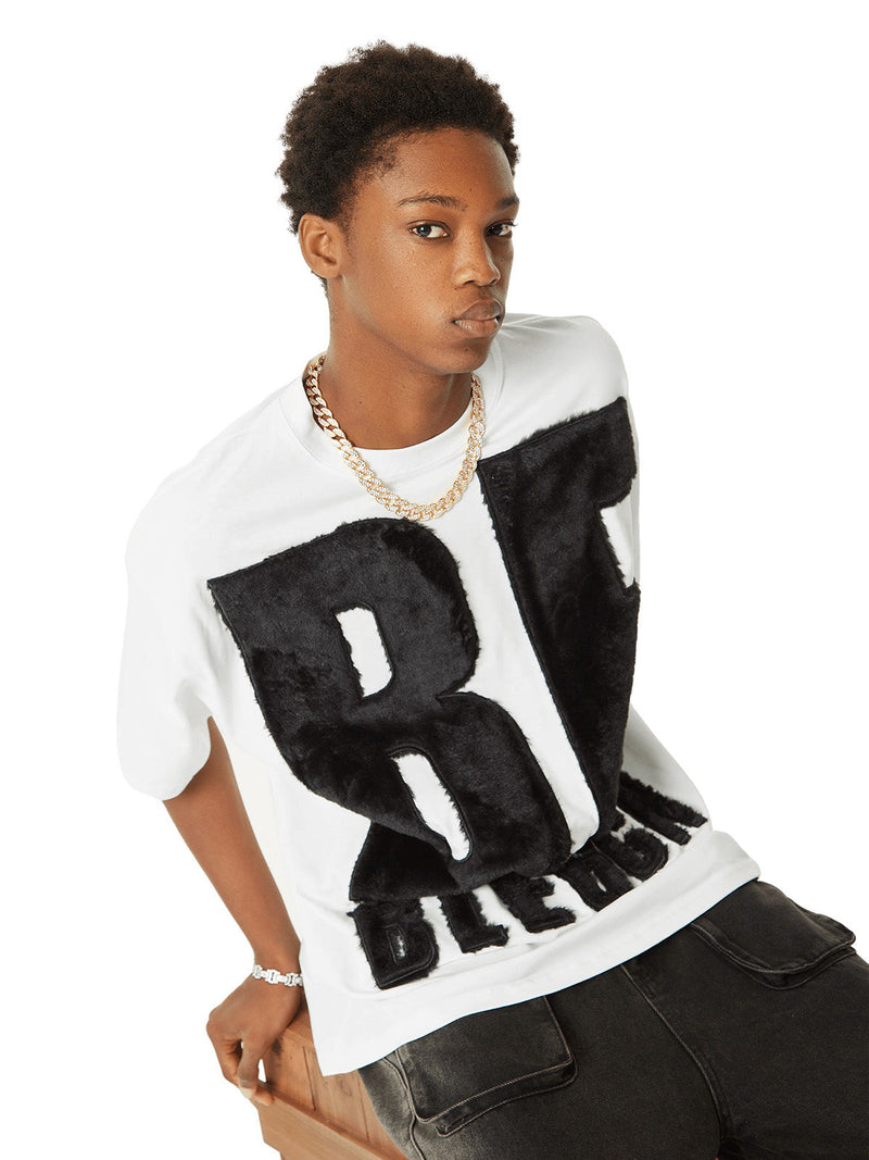 Wildleder-T-Shirt mit aufgestickten Buchstaben „Street Rap“ 