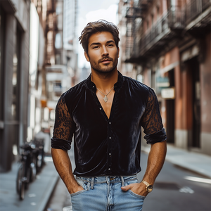 Men's Fashion Spring Lace Stitching Velvet Stand Collar Black Long Sleeve Shirt