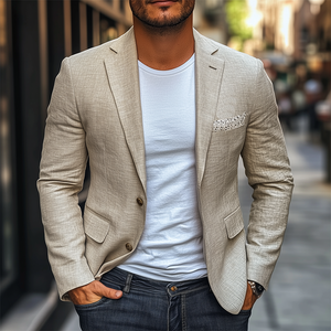 Men's Spring New Casual Lace Splicing Pockets Slim Fit Cotton And Linen Blazer