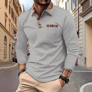 Men's Checked Stitching Lapel Long Sleeve Casual Polo Shirt