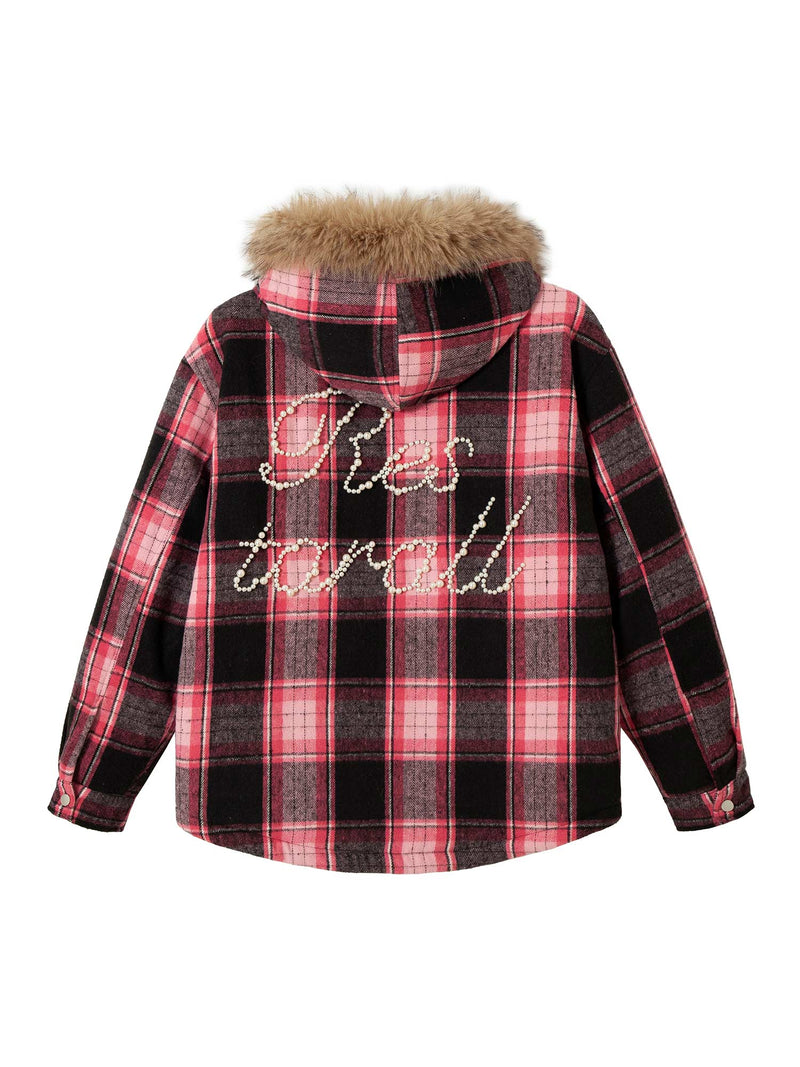 Beaded Fur Collar Padded Plaid Jacket