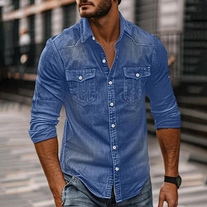 Men's Vintage Washed Distressed Denim Lapel Shirt