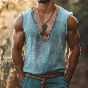 Herren Retro Casual Leinen Ripped V-Ausschnitt Tank Top