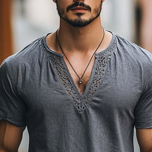 Men's Casual Lace Spliced V-Neck Short Sleeve T-Shirt