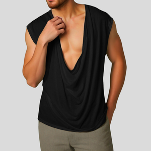 Men's Casual V Neck Cotton Draped Pleated Loose Tank Top