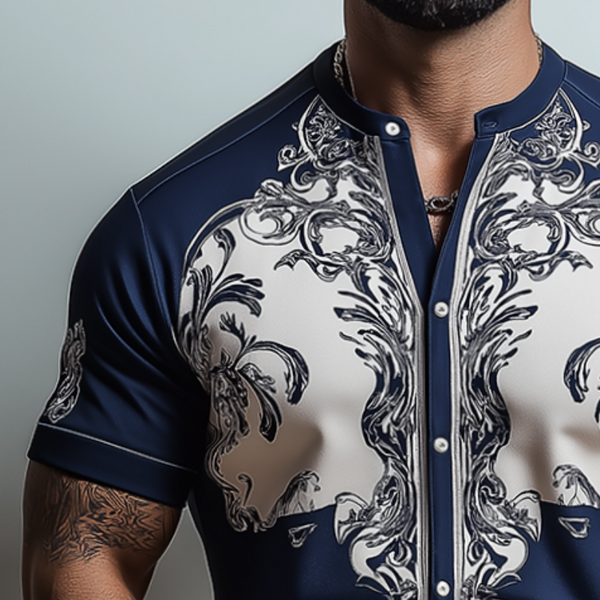 Men's Retro Casual Baroque Palace Printed Collarless Short Sleeve Shirt