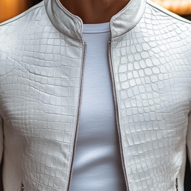 Men's Fashion Stone Pattern Stand Collar Zipper Slim Fit Leather Jacket