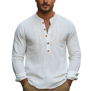 Men's Spring Fashion Classic Henley Collar Lace Stitching Cotton And Linen Long Sleeve Shirt