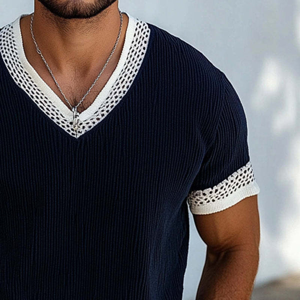 Men's Contrast Knit V-Neck Short Sleeve Sweater T-Shirt