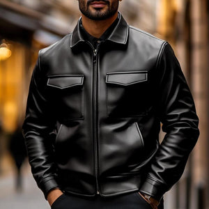 Men's Vintage Lapel Double Chest Pocket Leather Jacket