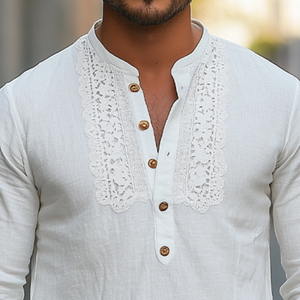 Men's Spring Fashion Classic Henley Collar Lace Stitching Cotton And Linen Long Sleeve Shirt