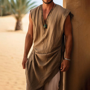 Men's Cotton And Linen Sleeveless Long Robe