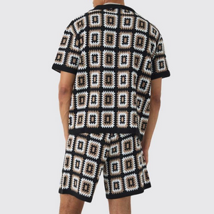 Herren Frühling und Sommer Mode Casual Hollow Gestrickt Kurzarm T-Shirt Shorts Set