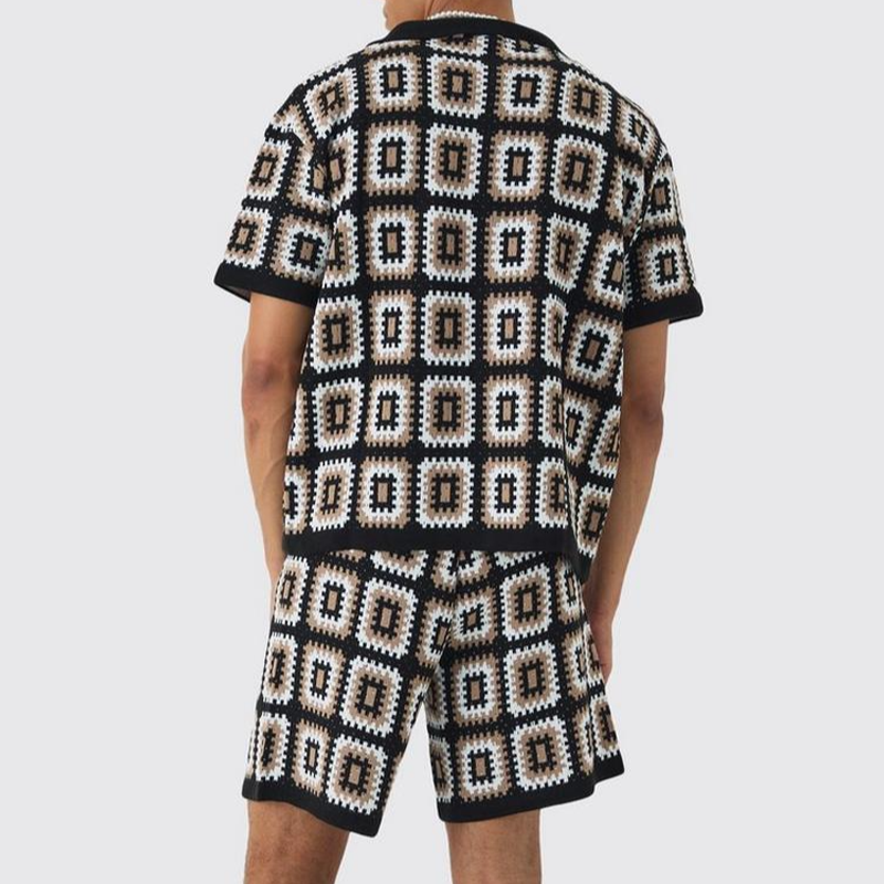 Herren Frühling und Sommer Mode Casual Hollow Gestrickt Kurzarm T-Shirt Shorts Set