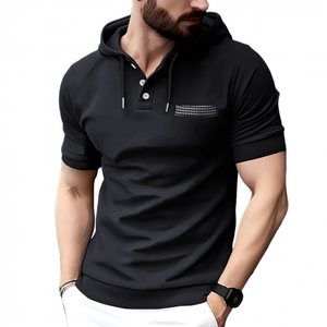 Men's Casual Cotton Patchwork Houndstooth Slim Fit Short Sleeve Hoodie