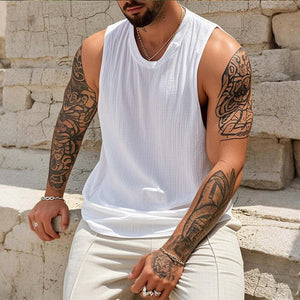 Men's Casual Cotton Linen Pleated Round Neck Loose Tank Top
