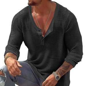 Men's Casual Cotton Linen U Neck Long-Sleeved T-Shirt