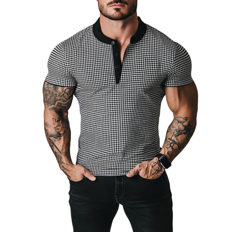 Men's Retro Houndstooth Patchwork Henry Collar Slim Fit Short Sleeve T-Shirt