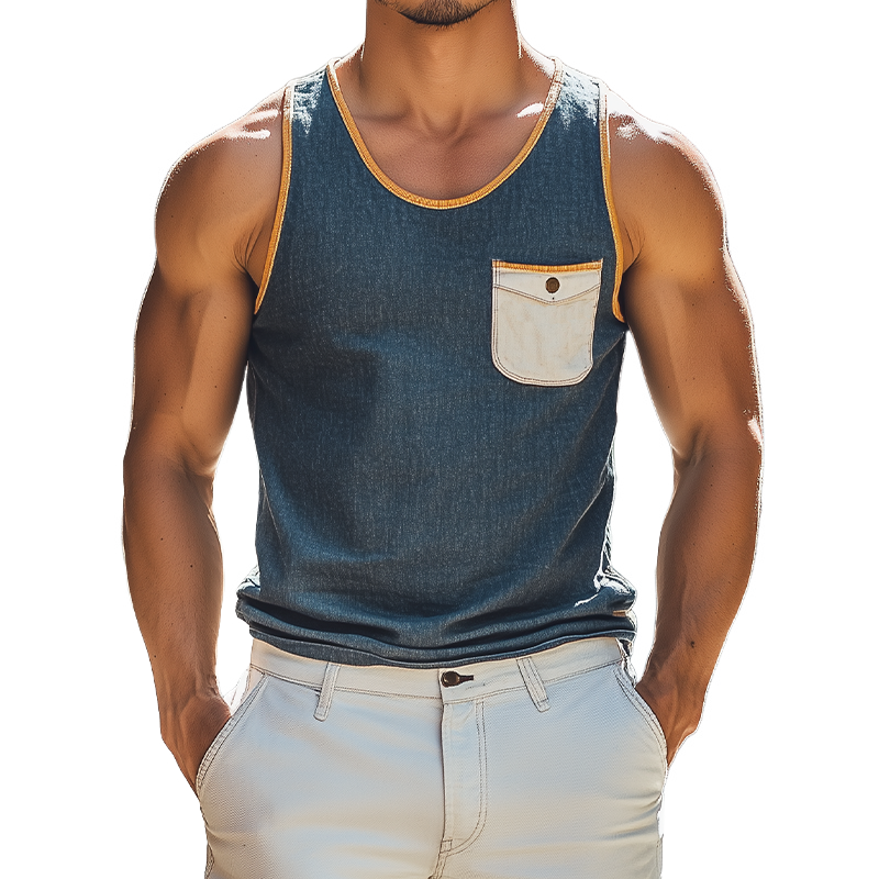 Herrenmode Lässiges Tencel Denim Slim Tank Top mit Rundhalsausschnitt
