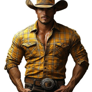 Men's Vintage Yellow Check Long Sleeve Shirt