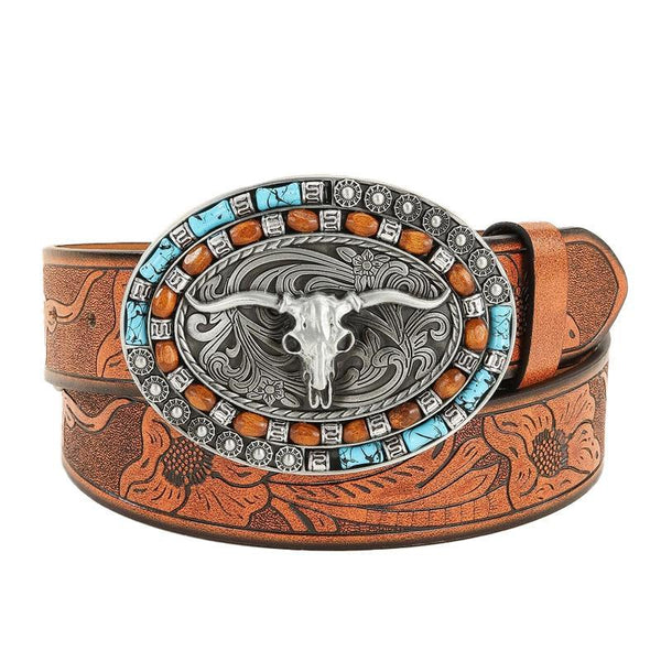 Men's Vintage Embossed Western Cowhide Leather Belt 83232677Y