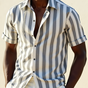 Men's Casual Cotton Blend Striped Lapel Loose Short Sleeve Shirt