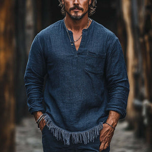 Lässiges Vintage-T-Shirt aus Baumwolle und Leinen mit V-Ausschnitt für Herren in Marineblau