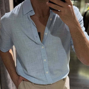 Men's Cotton And Linen Short Sleeve Casual Lapel Shirt