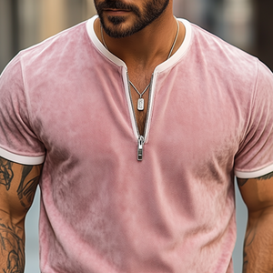 Men's Spring And Summer Fashion Slim V-neck Zipper Suede Short-sleeved T-shirt